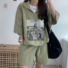 休閒運動服套裝女夏季2025新款短袖短褲校園風可愛少女跑步兩件