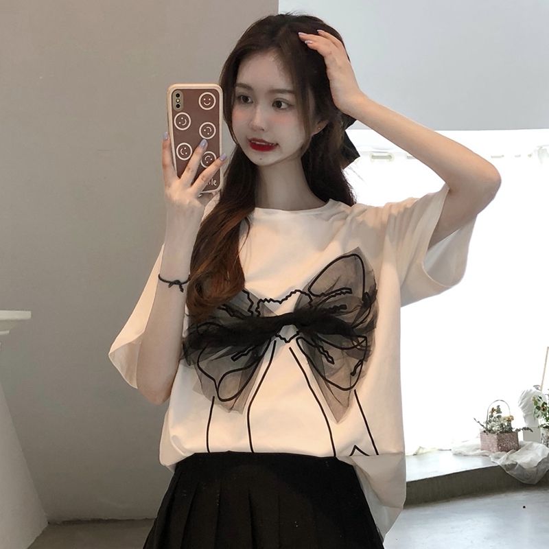 Official photo of the back cover pure cotton short-sleeved T-shirt for women 2025 new half-sleeved bow loose top for summer