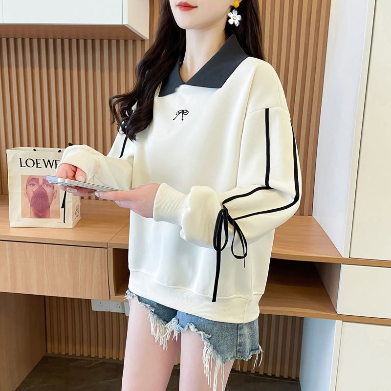 實拍 仿棉華棉複合 春秋衛衣女休閒新款POLO設計感小個子寬鬆上衣
