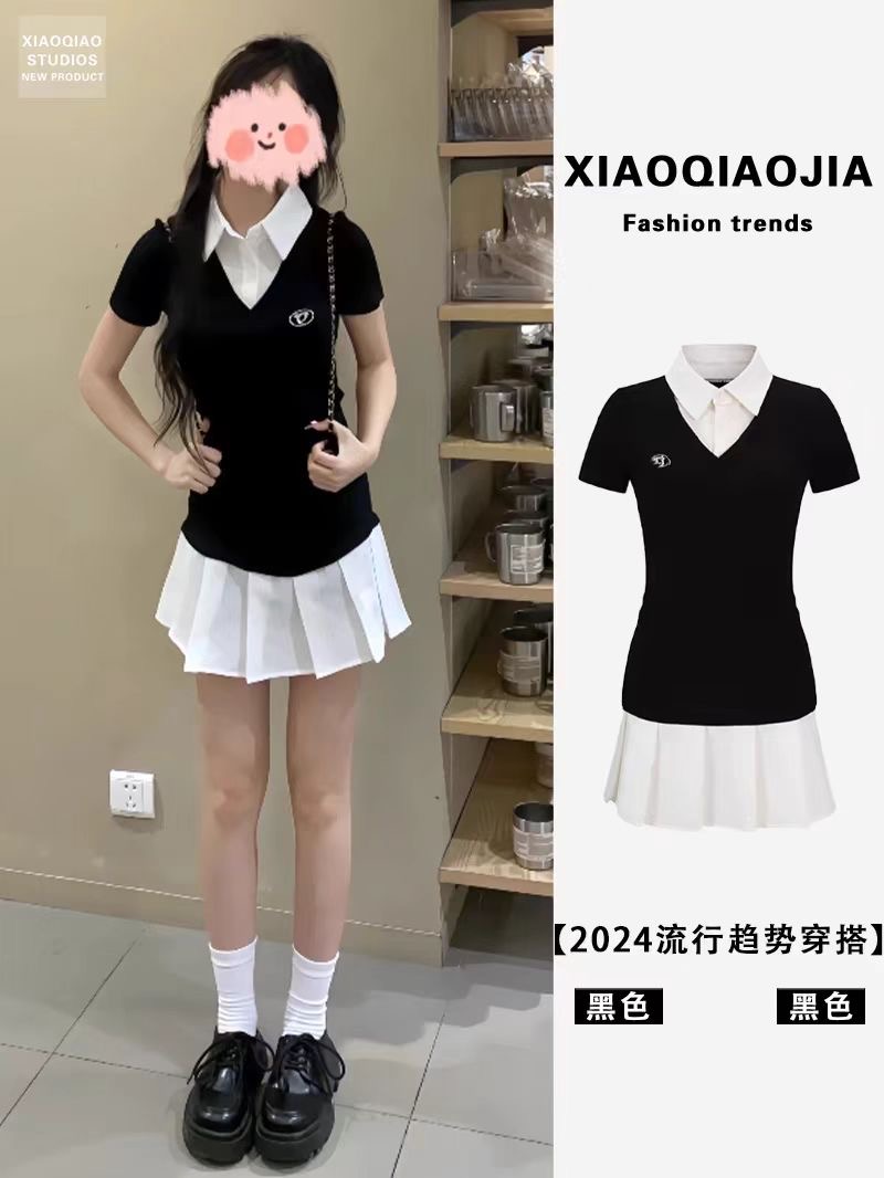 夏季一整套穿搭女2025新款韓系學院風polo領修身短袖百褶裙連衣裙