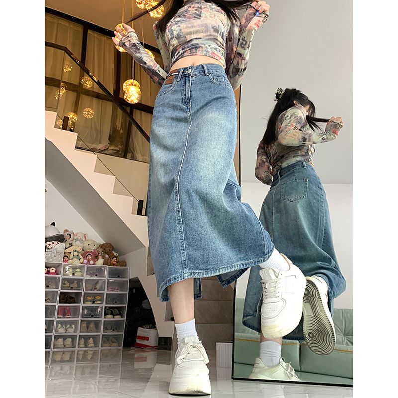 Denim skirt for women Korean style spring and summer new pear-shaped body high waist slim mid-length slit A-line denim skirt