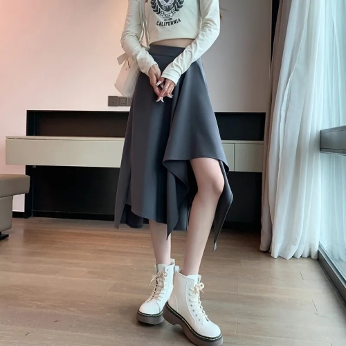 Spring and summer irregular skirt large size covers belly and legs summer high waist black midi long skirt fat mm hot girl slim A-line skirt