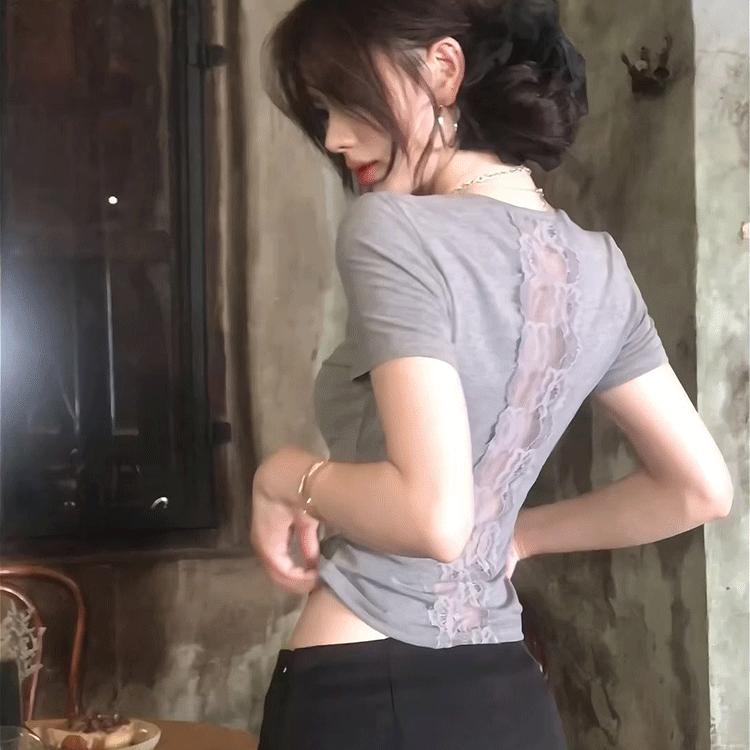 Korean cotton pure grey lace spliced ​​short-sleeved T-shirt for women in summer retro sexy backless short top