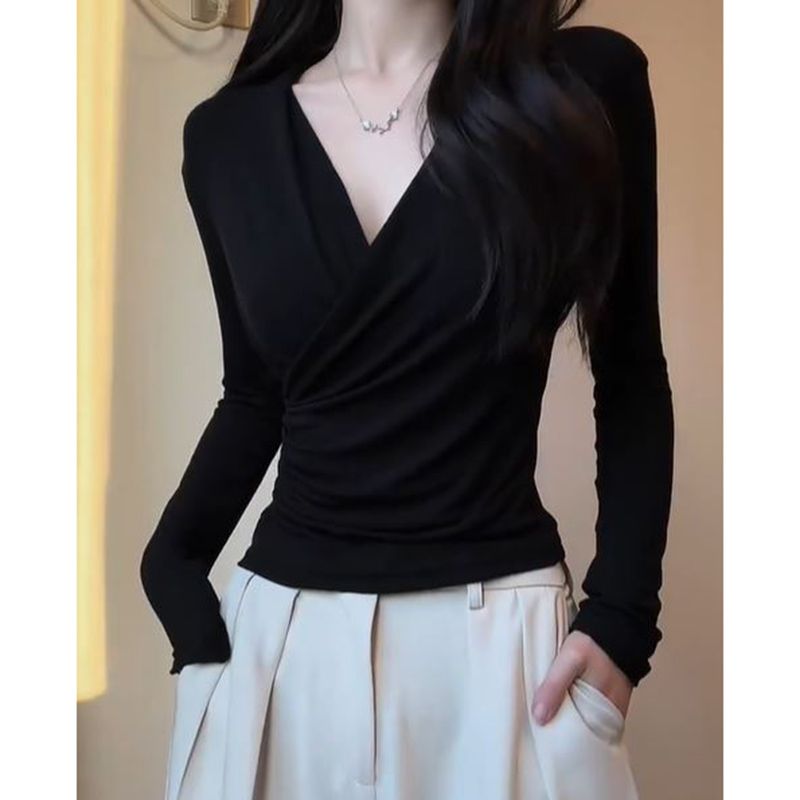 Black cross v-neck long-sleeved T-shirt for women in spring and autumn new slim waist covering belly pure desire inner bottom shirt top