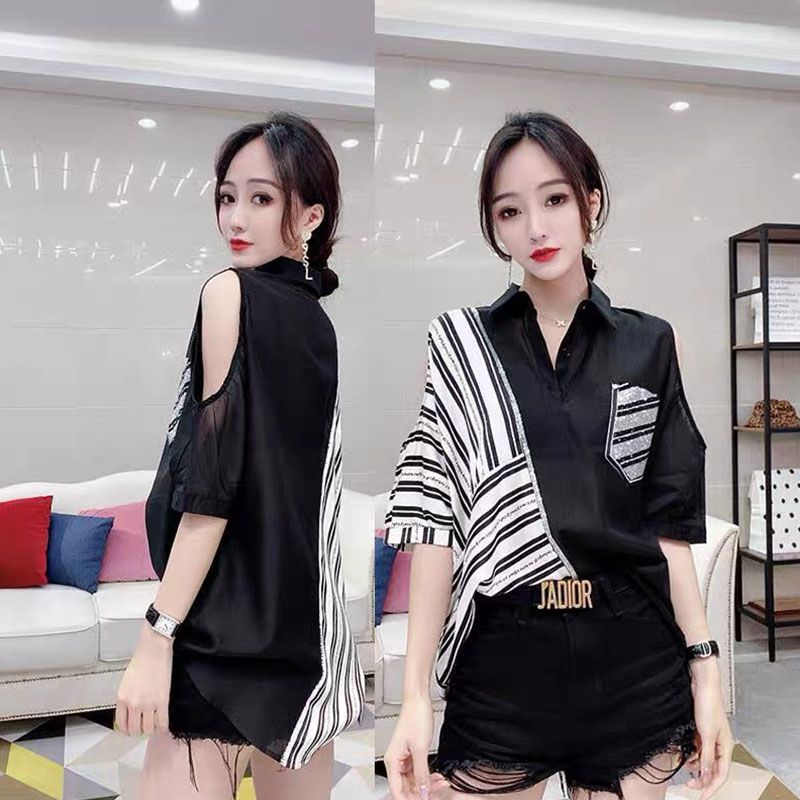 Ironing diamond polo collar striped chiffon shirt short-sleeved T-shirt for women summer loose shoulder top shirt