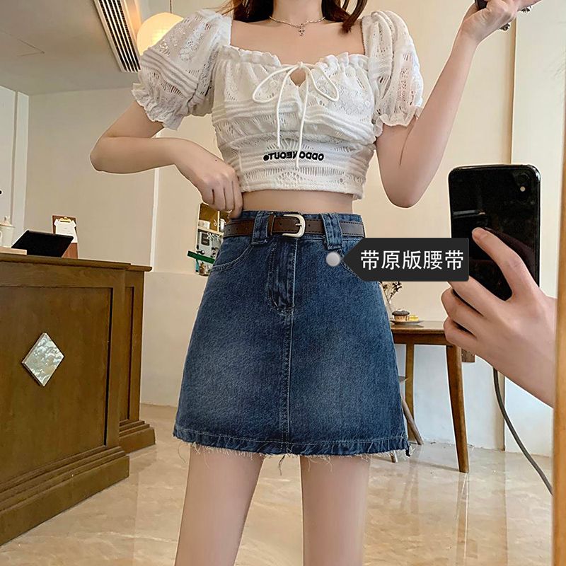 Hong Kong style commuting cute denim short skirt spring and summer new high-waisted slim and tall skirt A-line denim skirt trendy