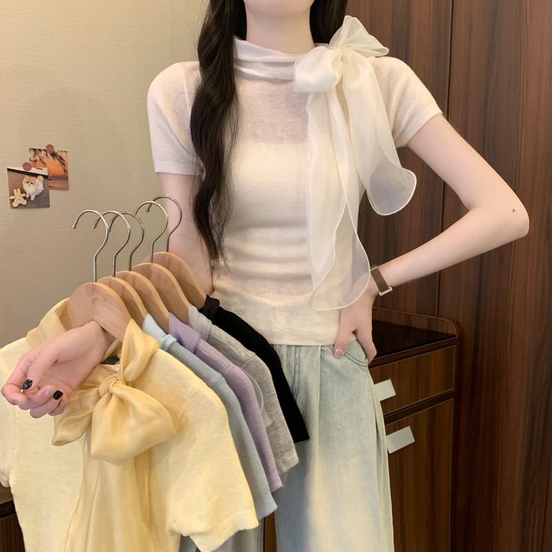 實拍夏季多巴胺蝴蝶結設計感別致系帶純欲辣妹短款小個子上衣