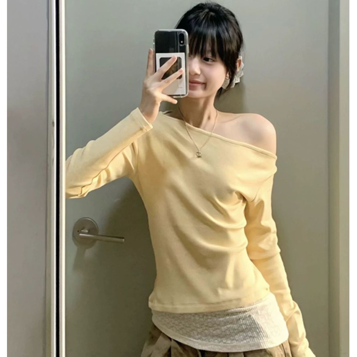 Pure desire style slanted shoulder lace splicing fake two-piece long-sleeved T-shirt small shirt for women's inner bottom top atmosphere