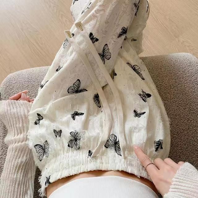 有內襯高腰破洞蝴蝶印花休閒褲女夏季新款設計感垂感直筒闊腿褲