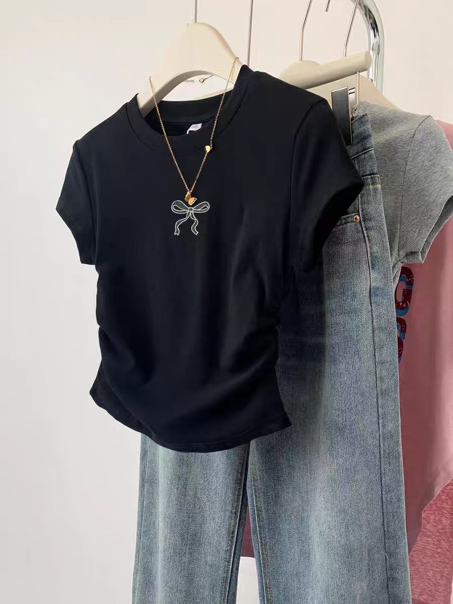 Pure cotton high elastic pleated waist small flying sleeve short sleeve T-shirt for women in summer new slim T-shirt top