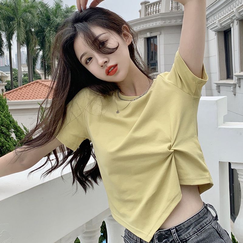 Official photo of the back cover pure cotton short-sleeved T-shirt for women 2025 new summer half-sleeved short irregular top