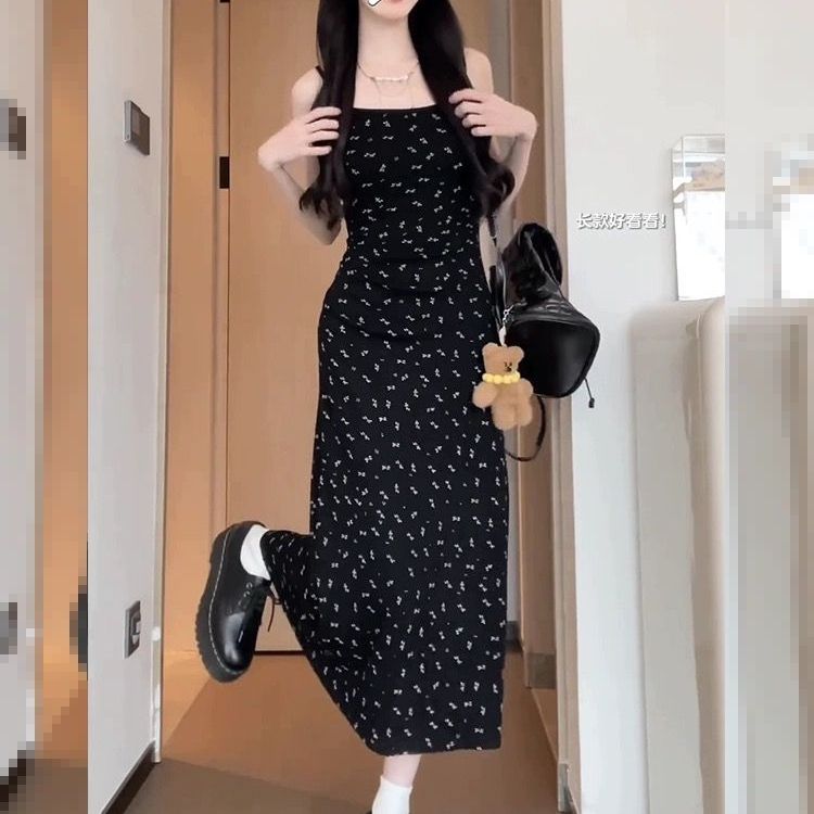 New summer black floral slim suspender short skirt temperament dress women's waist-hugging and slimming waist midi skirt