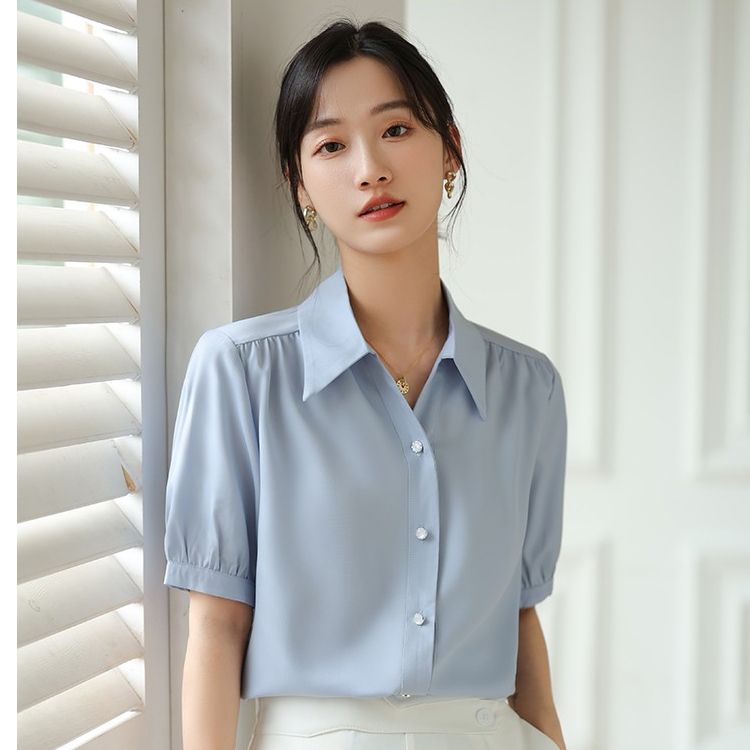 Korean version solid color spring and summer new blue short-sleeved shirt for women fashion formal commuting shirt