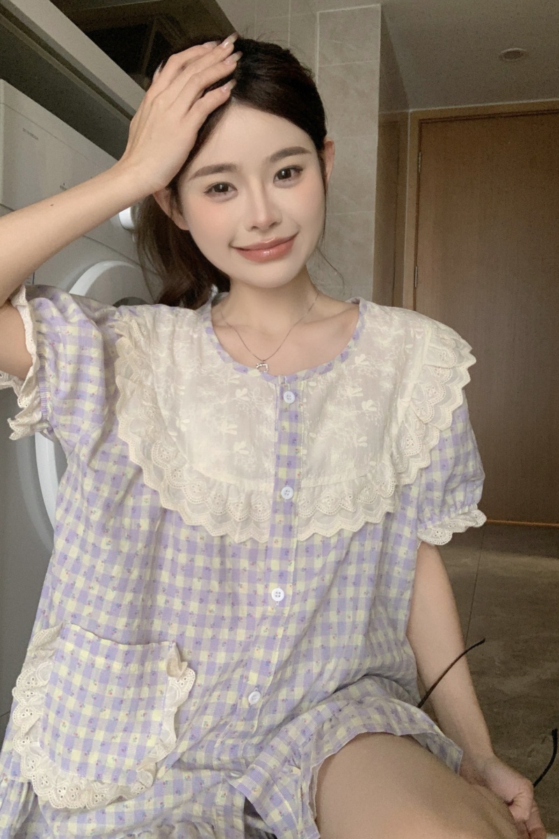 實拍韓版甜美小清新刺繡蕾絲公主風短袖短褲短袖長褲家居服套