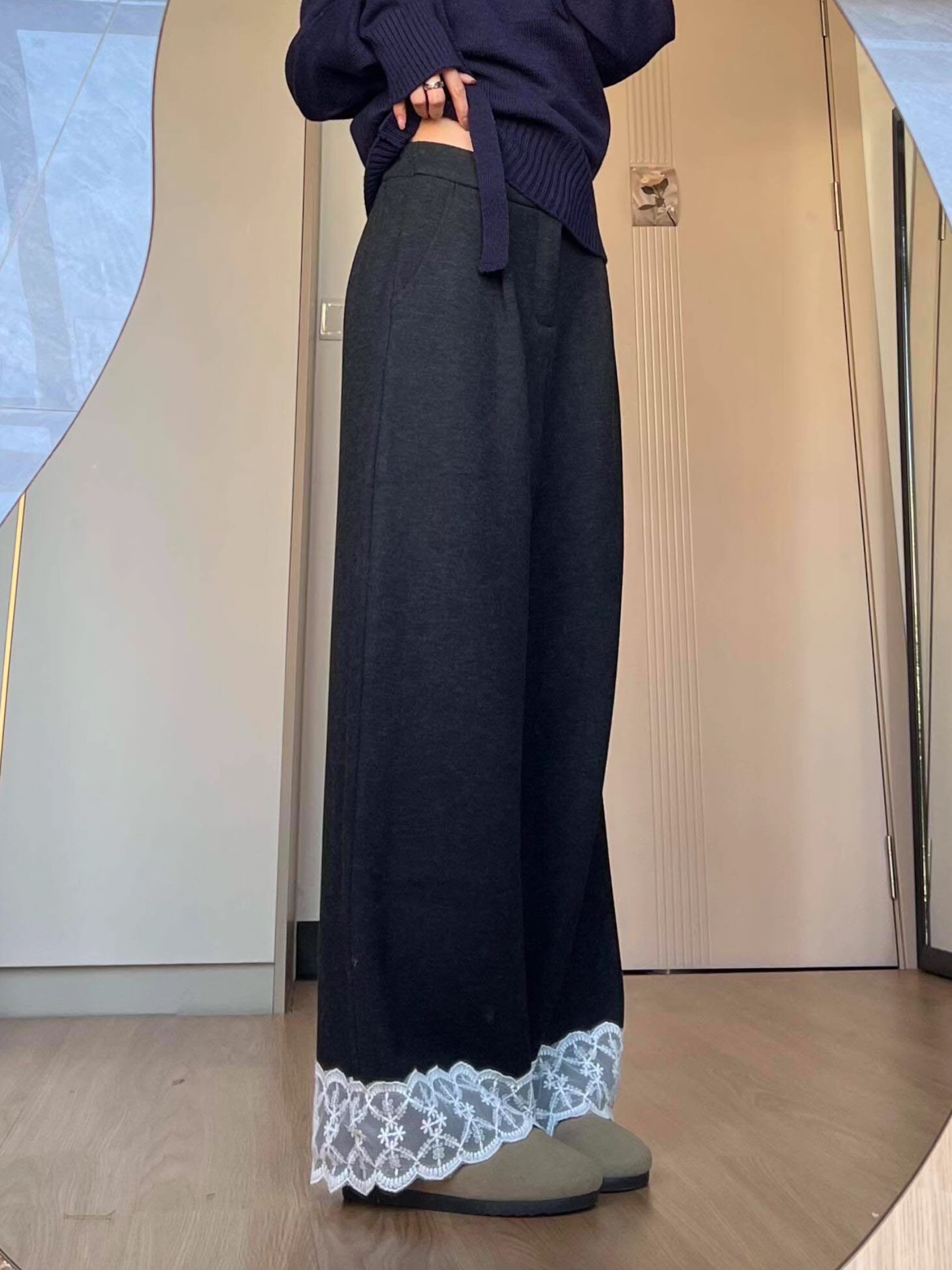 Korean chic three-dimensional waist spring and summer new lace splicing contrasting color casual suit wide-leg pants women's straight trousers