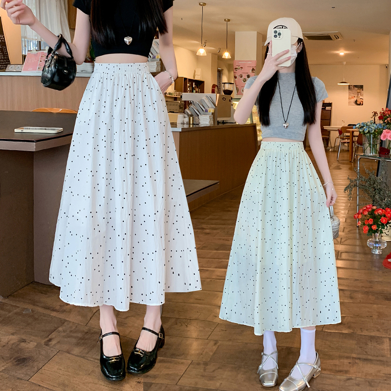 Real shot Korean version of spring and summer gentle style elastic waist small polka dots cotton pleated skirt women's casual long skirt