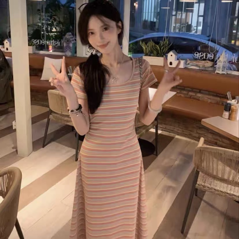 歐陽喜OYANXI短袖版本彩虹裙顯瘦顯瘦氣質條紋彩色裙長款