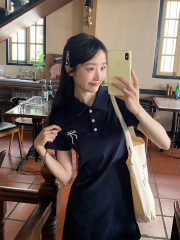 2025 pure cotton thread POLO shirt collar dress for women mid-length short-sleeved T-shirt summer waist top