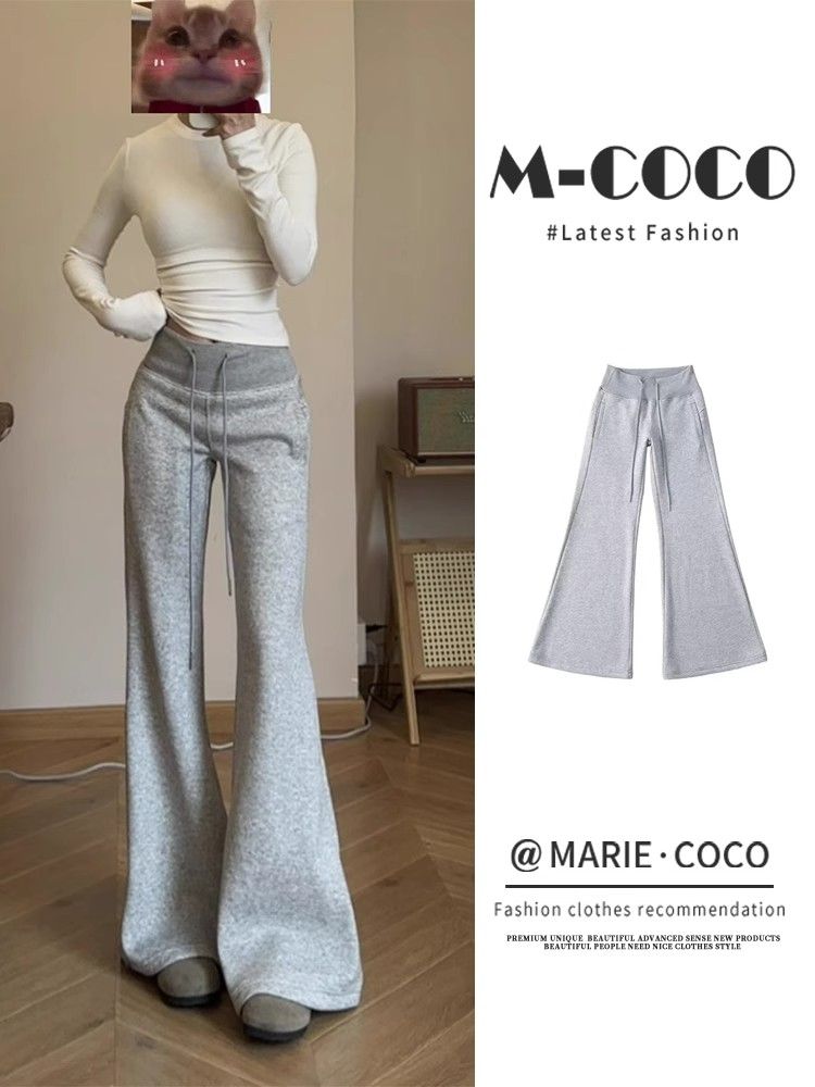 Korean gray high-waist drawstring and slightly flare casual pants for women in autumn and winter new style slim fit and wide-leg floor-slim pants