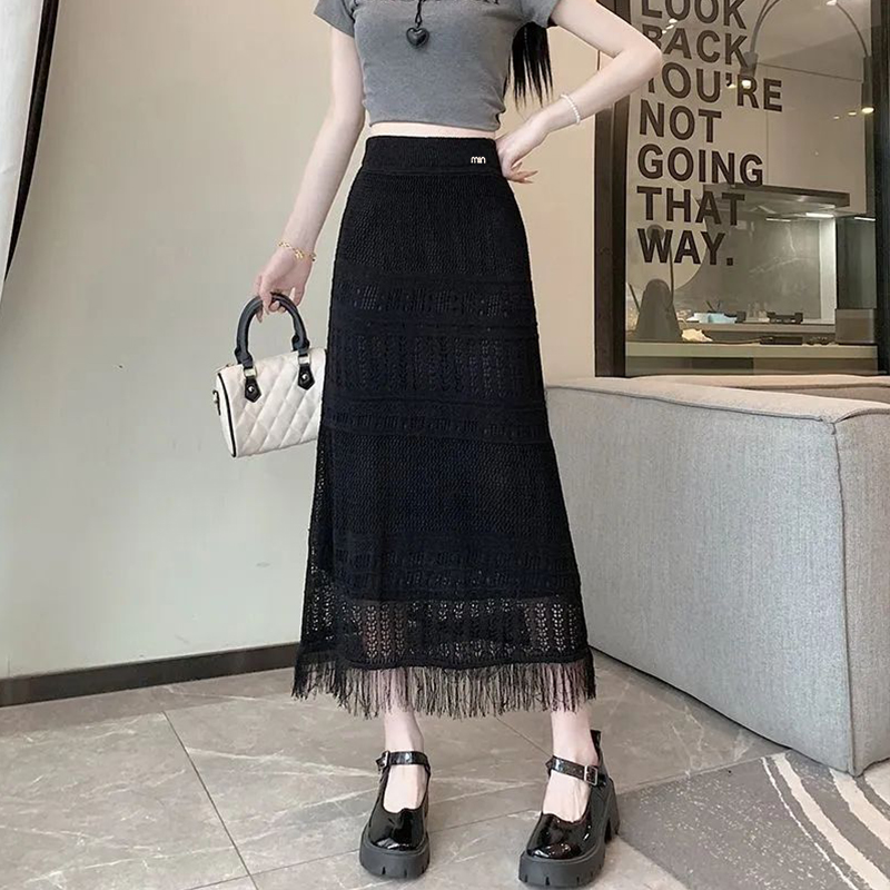 流蘇勾花鏤空蕾絲半身裙女夏2025新款高腰顯瘦中長款包臀一步裙子