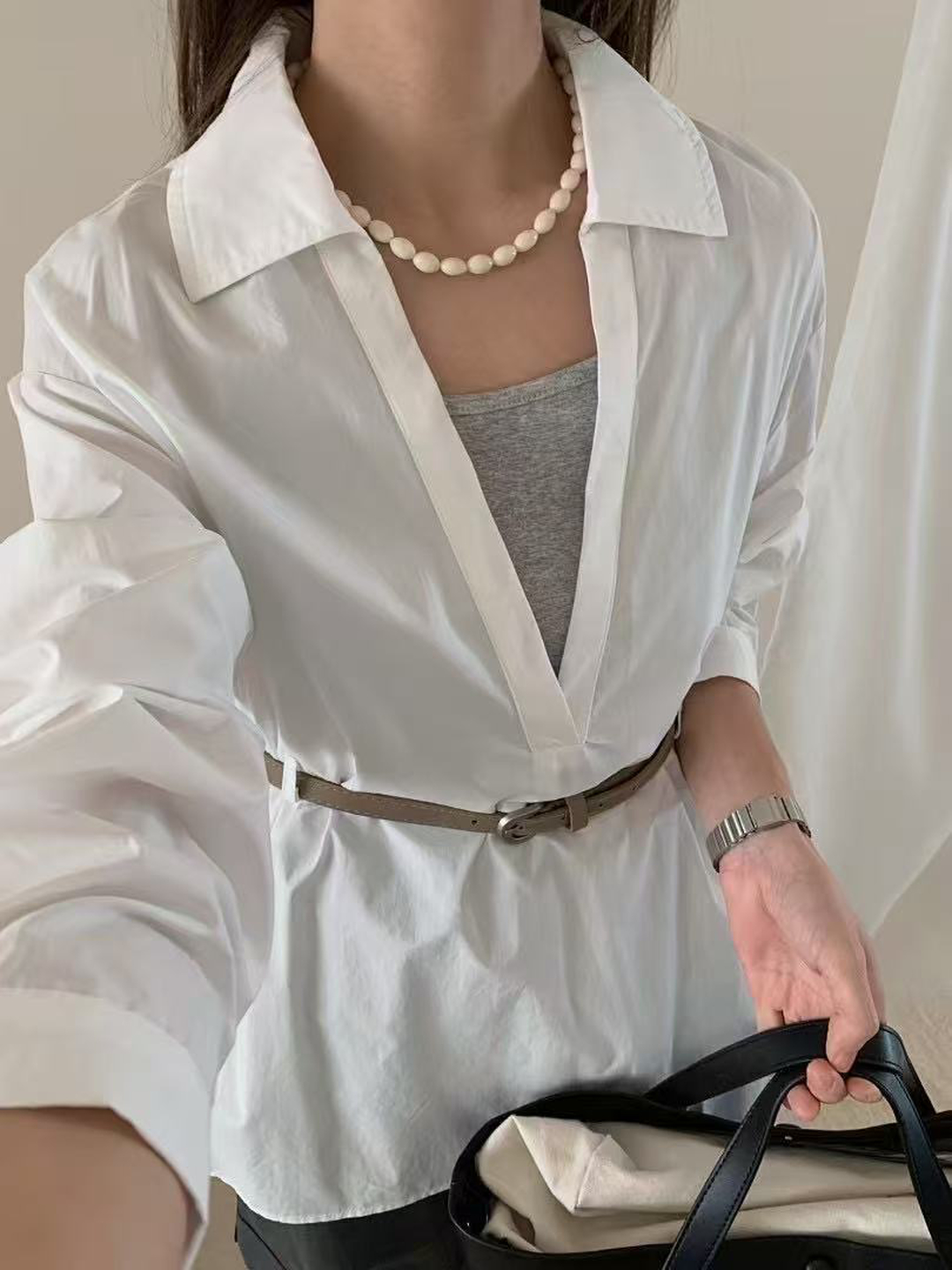 韓系氣質兩件套長袖襯衫女設計感V領寬鬆顯瘦百搭絕美休閒襯衣