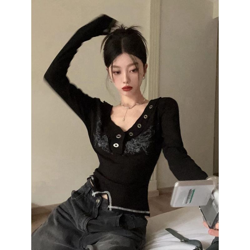 +40 cotton ribbed sexy v-neck clavicle slim short T-shirt top versatile top