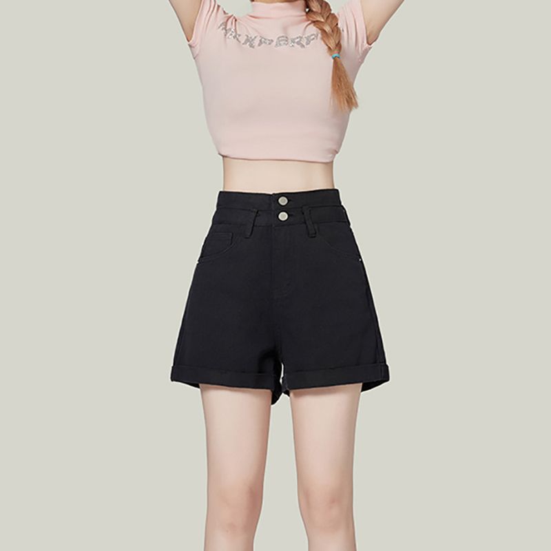 Personalized high-waisted double-button denim shorts for women with high waist slim and loose spring and summer new curly straight denim shorts