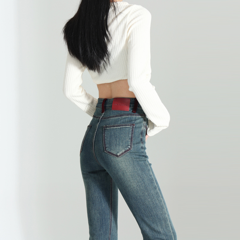 Classic red ~ Combining fashion and good luck!  Stretch jeans for women with high waist slim drooping bell-bottom pants