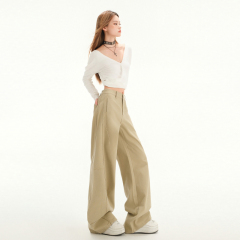 Three-dimensional tailoring ~ lazy Fengshen pants!  Khaki beige pants women's spliced ​​loose wide-leg straight trousers extended