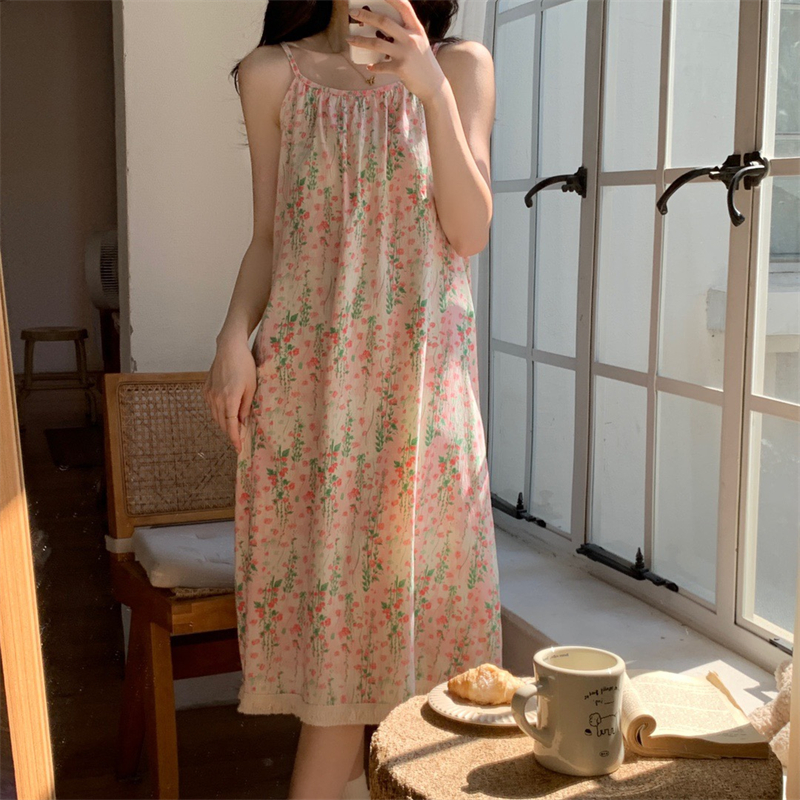 Real photo nightgown, summer sweet floral clouds, cotton pajamas, suspenders, chest pads, sexy home clothes