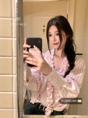 Sweet style pink striped shirt design sense wood ear long sleeve loose shirt women's spring V-neck top