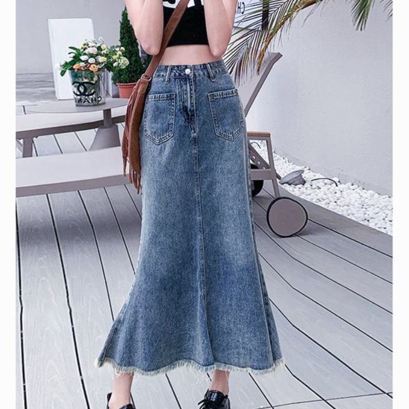 High-waisted retro fishtail skirt denim skirt female internet celebrity fashionable fur design niche hip mid-length skirt