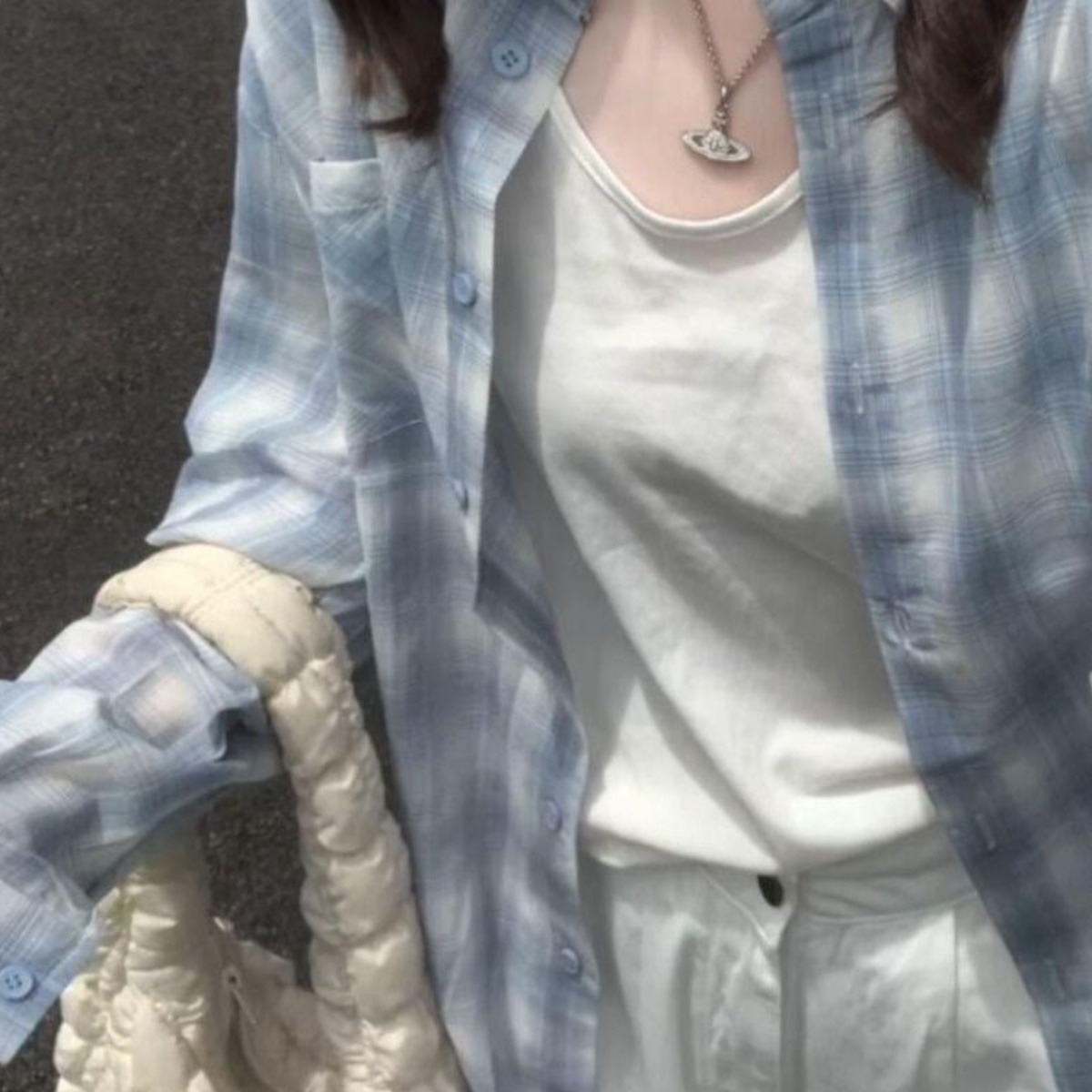 美式甜酷風灰藍撞色格子襯衫女長袖百搭可愛休閒小眾防曬鹽系外套