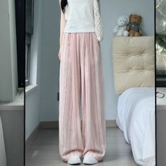Pink cotton and linen striped pants for women in spring and summer thin 2025 new loose lazy drooping ice silk wide-leg pants