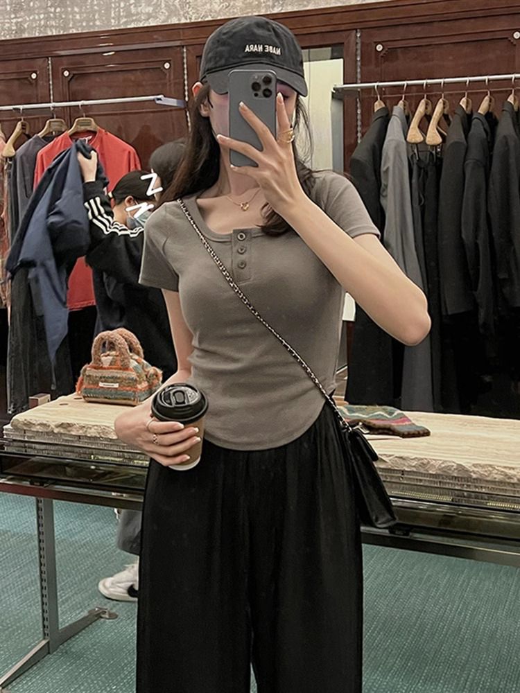 Pure desire shoulder short-sleeved T-shirt for women 2025 new summer slim slim base shirt for women with short underwear for women