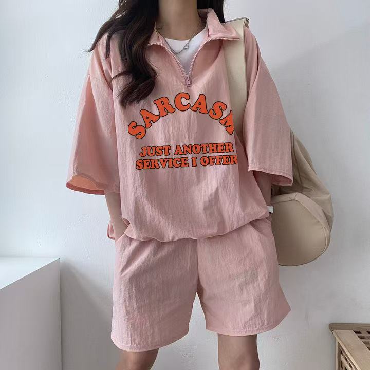 2025休閒運動服套裝女夏季字母圖案印花新款短袖短褲跑步兩件