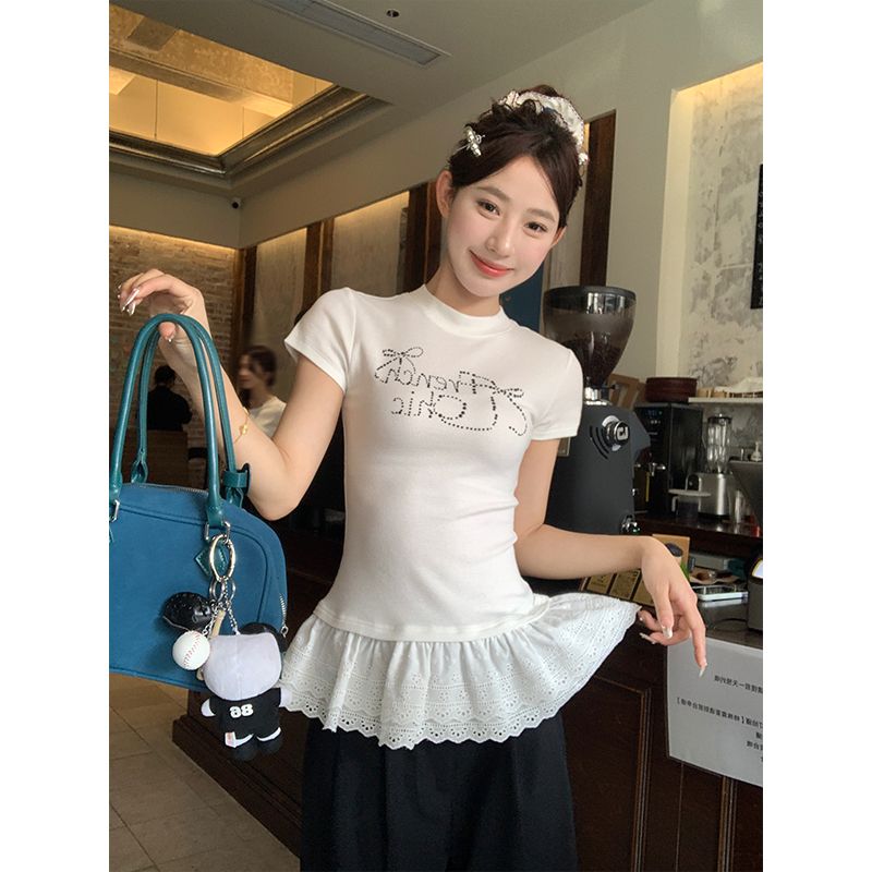 Men's cotton pattern ironing white short-sleeved T-shirt for women's summer ballet style lace lace hem versatile slim bodywear