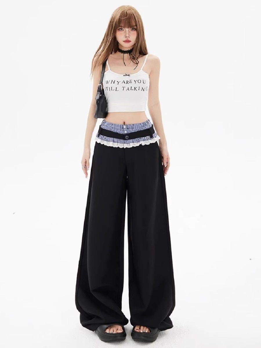 Lace spliced ​​plaid wide-leg pants for women's spring new fake two-piece suit pants straight loose casual sycamore pants