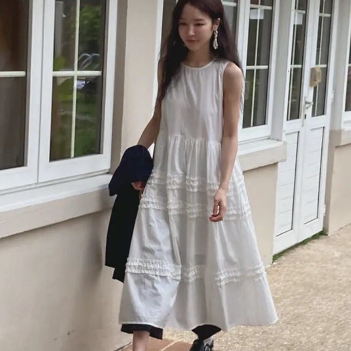 多層木耳邊裝飾背心連衣裙百搭甜美氣質顯瘦無袖連衣裙女中長款裙