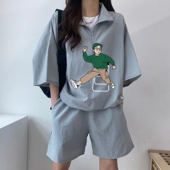 Ladies Summer Pattern Print Casual Sports Suit Set Two-Piece Short-Sleeve Top and Shorts Running Outfit