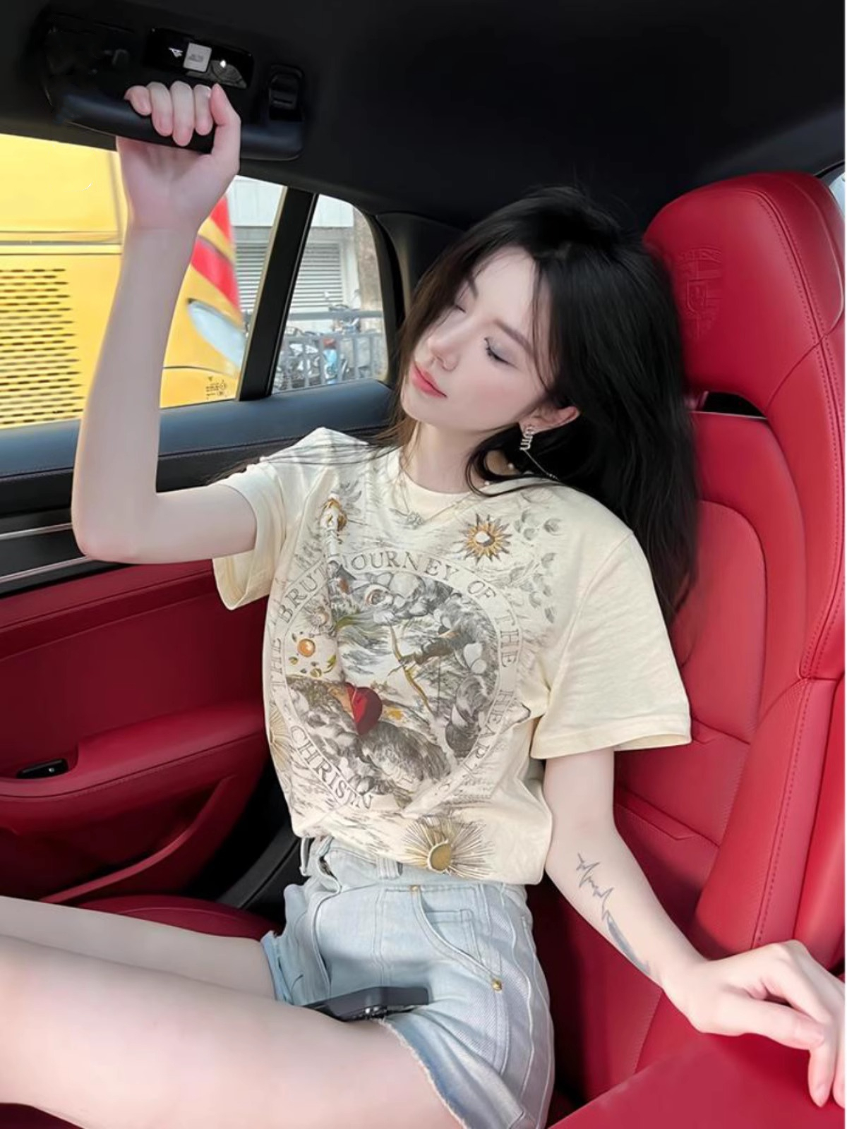 Official photo High tight pure cotton 200g front and rear printed short-sleeved T-shirt for women loose