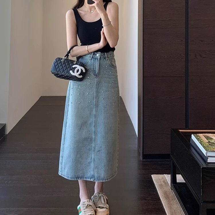 New summer high-waist denim skirt for women European products retro hot diamond mid-length casual hip-packing A-line skirt