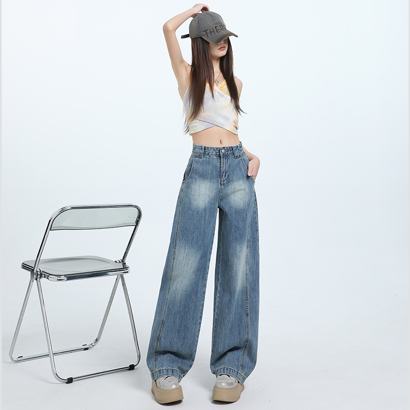 High-quality blue sickle jeans for women with high waist loose banana pants design sense floor wide-leg pants trousers extended