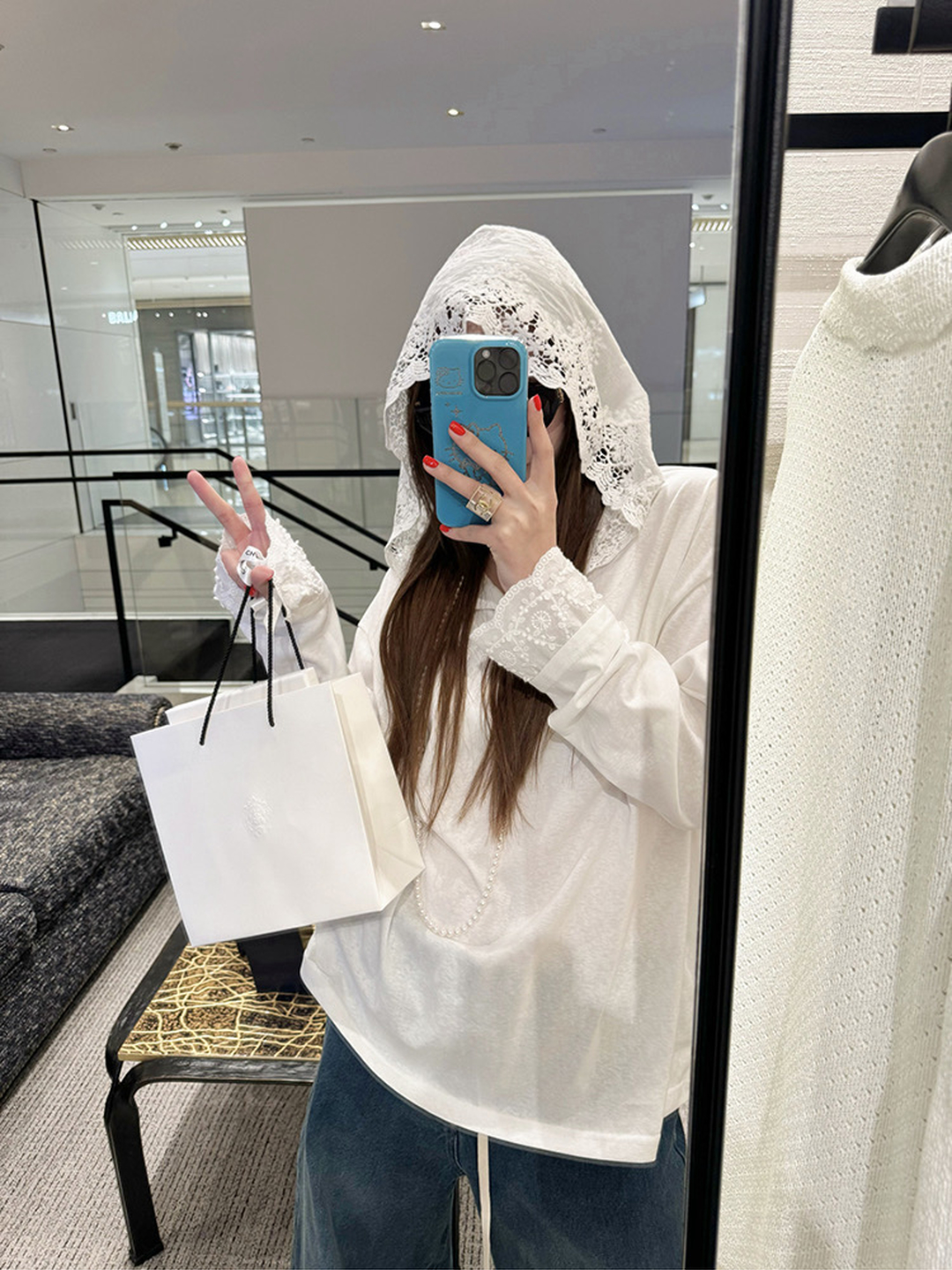 官圖鈎花蕾絲拼接連帽T恤女外穿防曬衫中長款休閒開衫百搭上衣