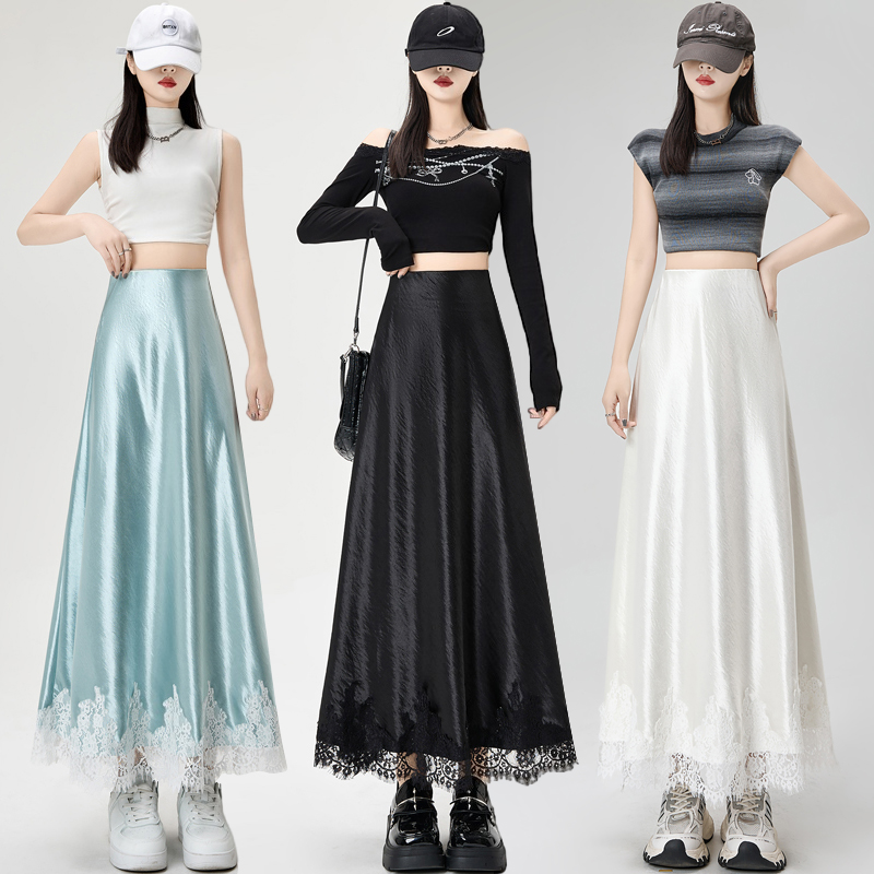 Real shot Lace lace acetic satin skirt for women in spring and summer high waist drooping A-line hip covering long skirt umbrella skirt