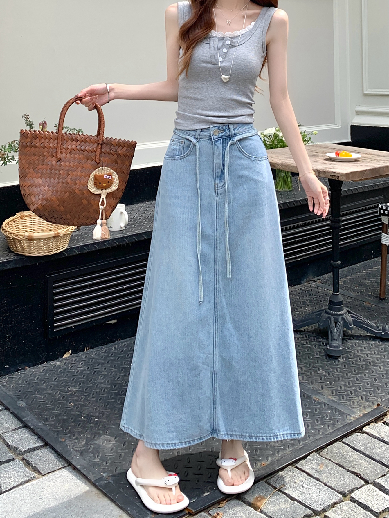Actual shoot #new denim half skirt for women retro washed tie belt design mid-length A-line fishtail dress