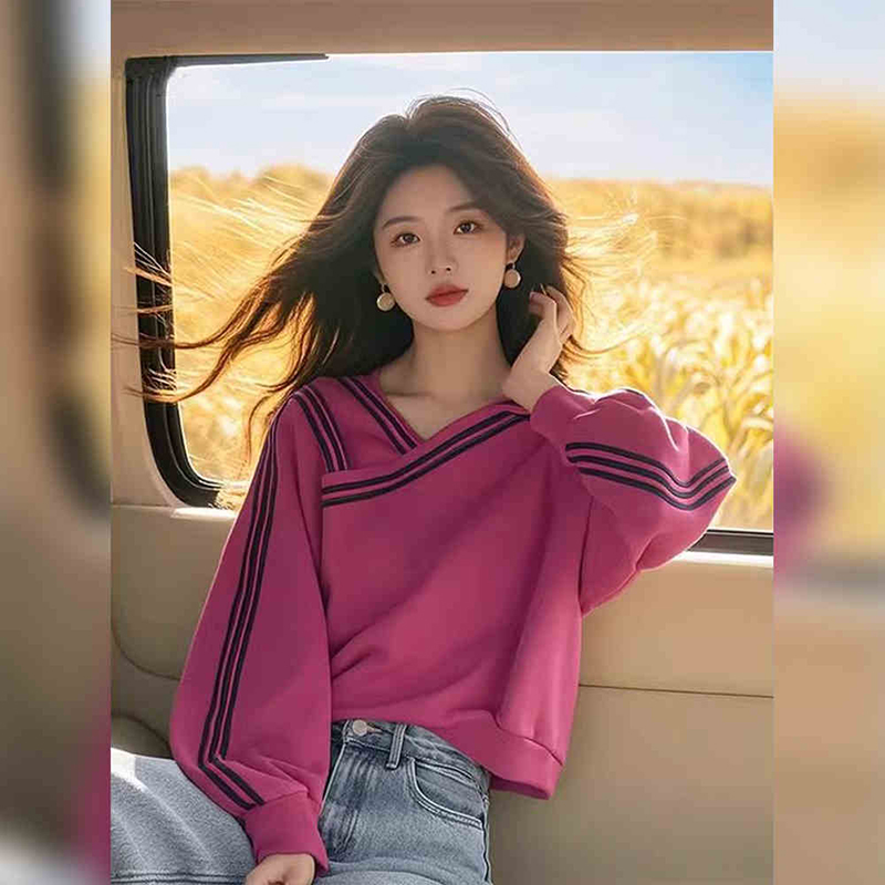 仿棉華棉複合牛奶絲玫紅色V領設計長袖衛衣女