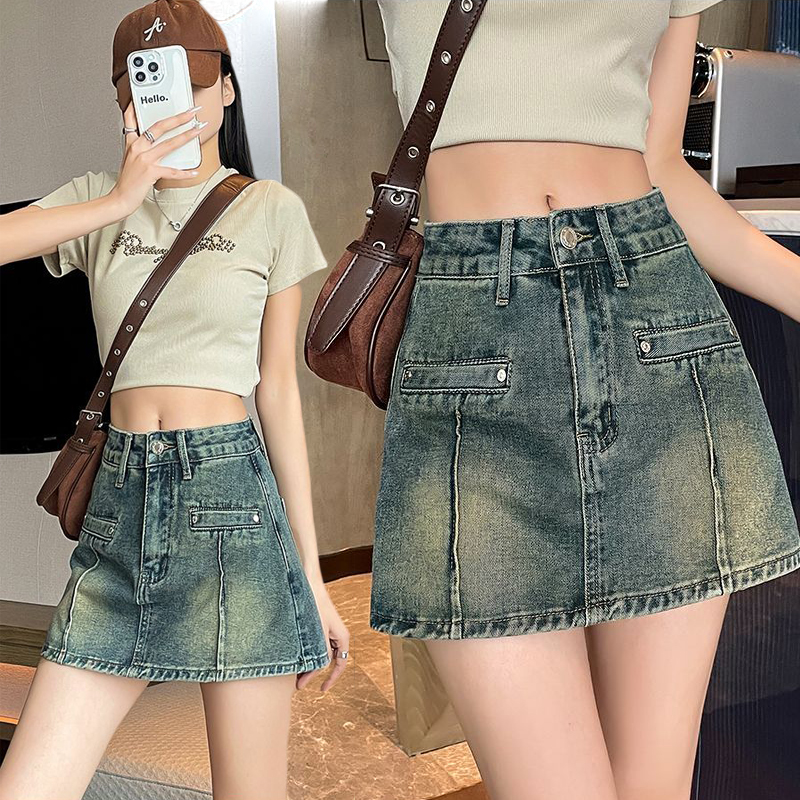 Personalized retro denim shorts skirt for women in spring and summer thin high waist slim and anti-exposure A-line hiding denim short skirt