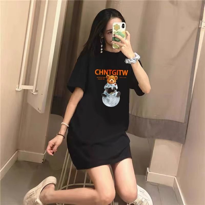 200g pure cotton 2025 new summer large size loose mid-length dress fat mm short-sleeved T-shirt skirt for women