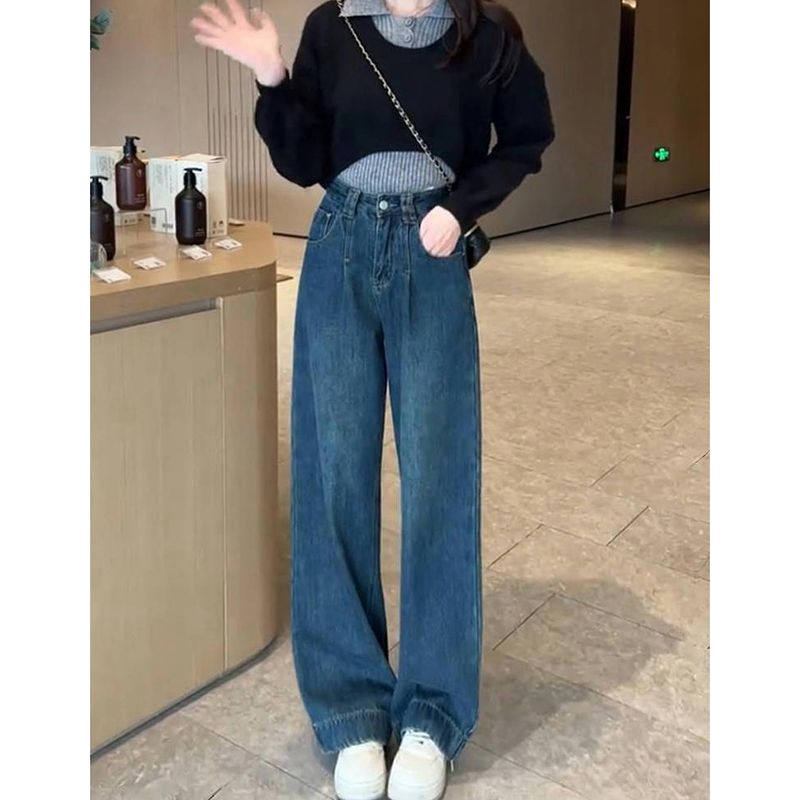 Personalized trendy wide-leg jeans for women in spring and autumn new high-waisted slimming loose wash straight floor jeans